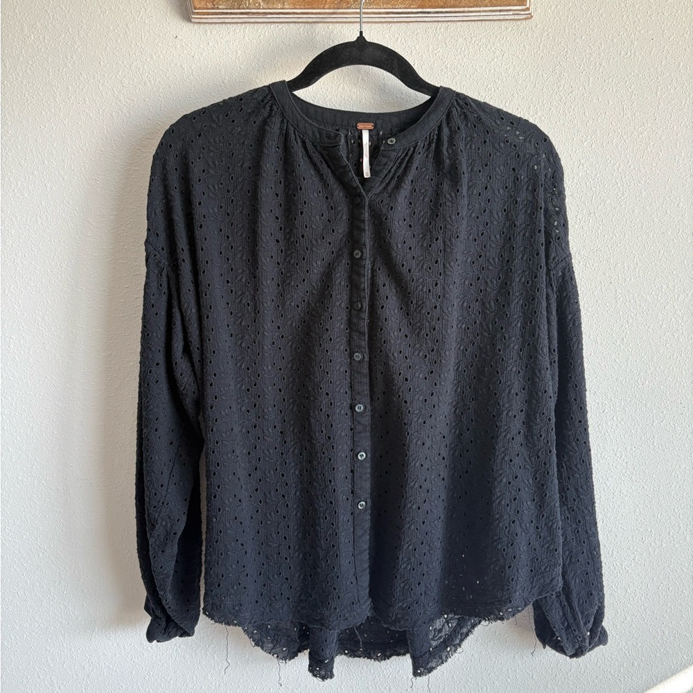 Free People Black Eyelet Button Blouse